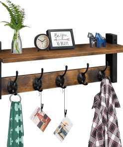 Homode Wall Hooks with Shelf. Wood Coat Rack with Shelf Wall-Mounted. Entryway Hanging Shelves with 5 Metal Hooks for Clothes Hats Towel Purse Robes. Bathroom Mudroom Bedroom. Rustic Brown Black