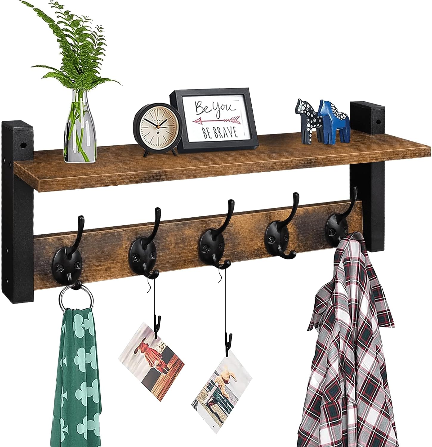 Homode Wall Hooks with Shelf. Wood Coat Rack with Shelf Wall-Mounted. Entryway Hanging Shelves with 5 Metal Hooks for Clothes Hats Towel Purse Robes. Bathroom Mudroom Bedroom. Rustic Brown Black