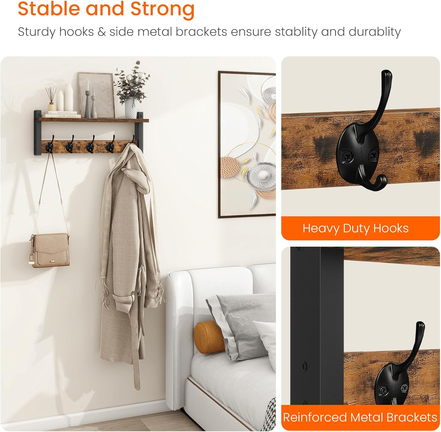 Homode Wall Hooks with Shelf. Wood Coat Rack with Shelf Wall-Mounted. Entryway Hanging Shelves with 5 Metal Hooks for Clothes Hats Towel Purse Robes. Bathroom Mudroom Bedroom. Rustic Brown Black - Image 4