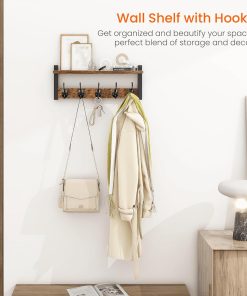 Alternative view of Homode Wall Hooks with Shelf. Wood Coat Rack with Shelf Wall-Mounted. Entryway Hanging Shelves with 5 Metal Hooks for Clothes Hats Towel Purse Robes. Bathroom Mudroom Bedroom. Rustic Brown Black