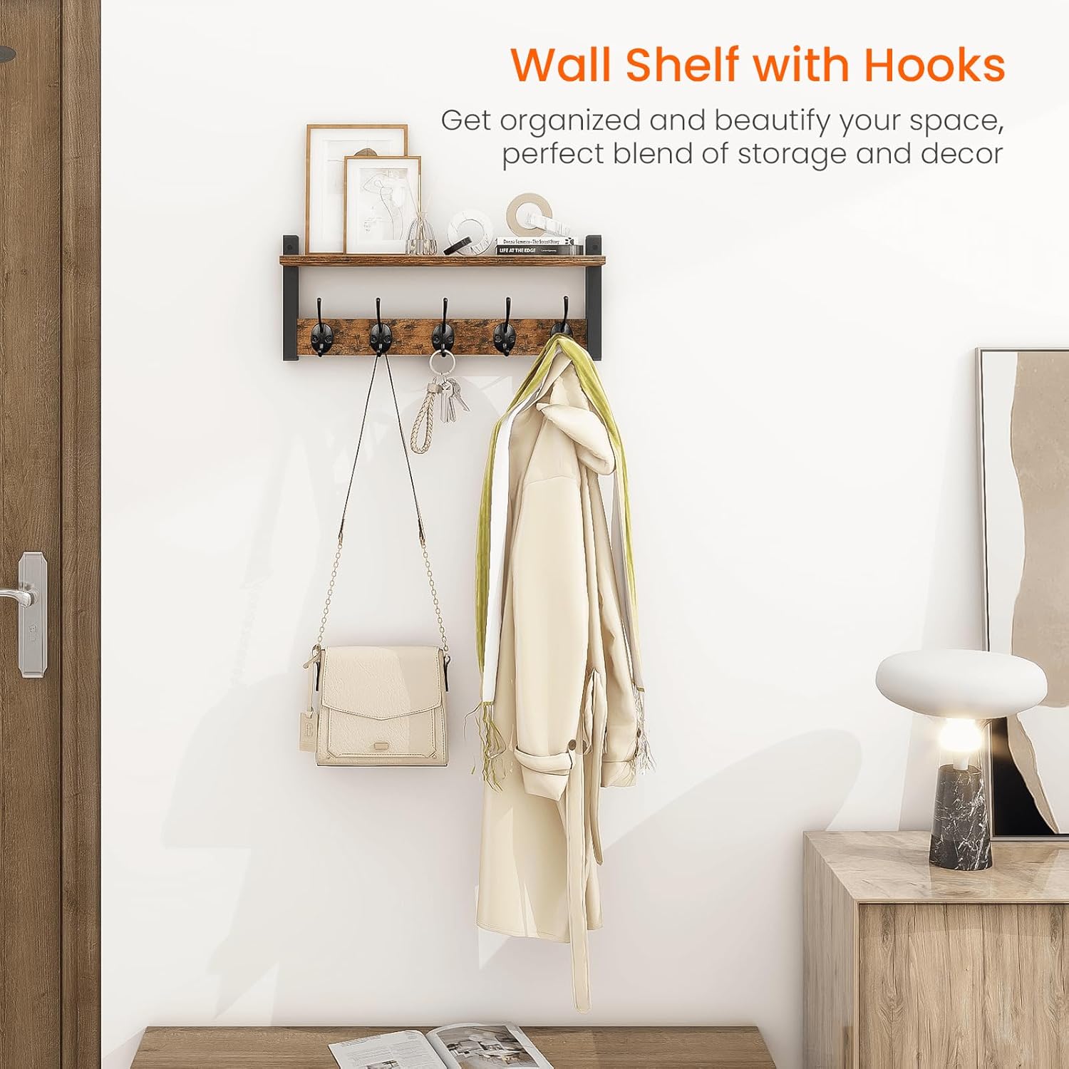 Homode Wall Hooks with Shelf. Wood Coat Rack with Shelf Wall-Mounted. Entryway Hanging Shelves with 5 Metal Hooks for Clothes Hats Towel Purse Robes. Bathroom Mudroom Bedroom. Rustic Brown Black - Image 2