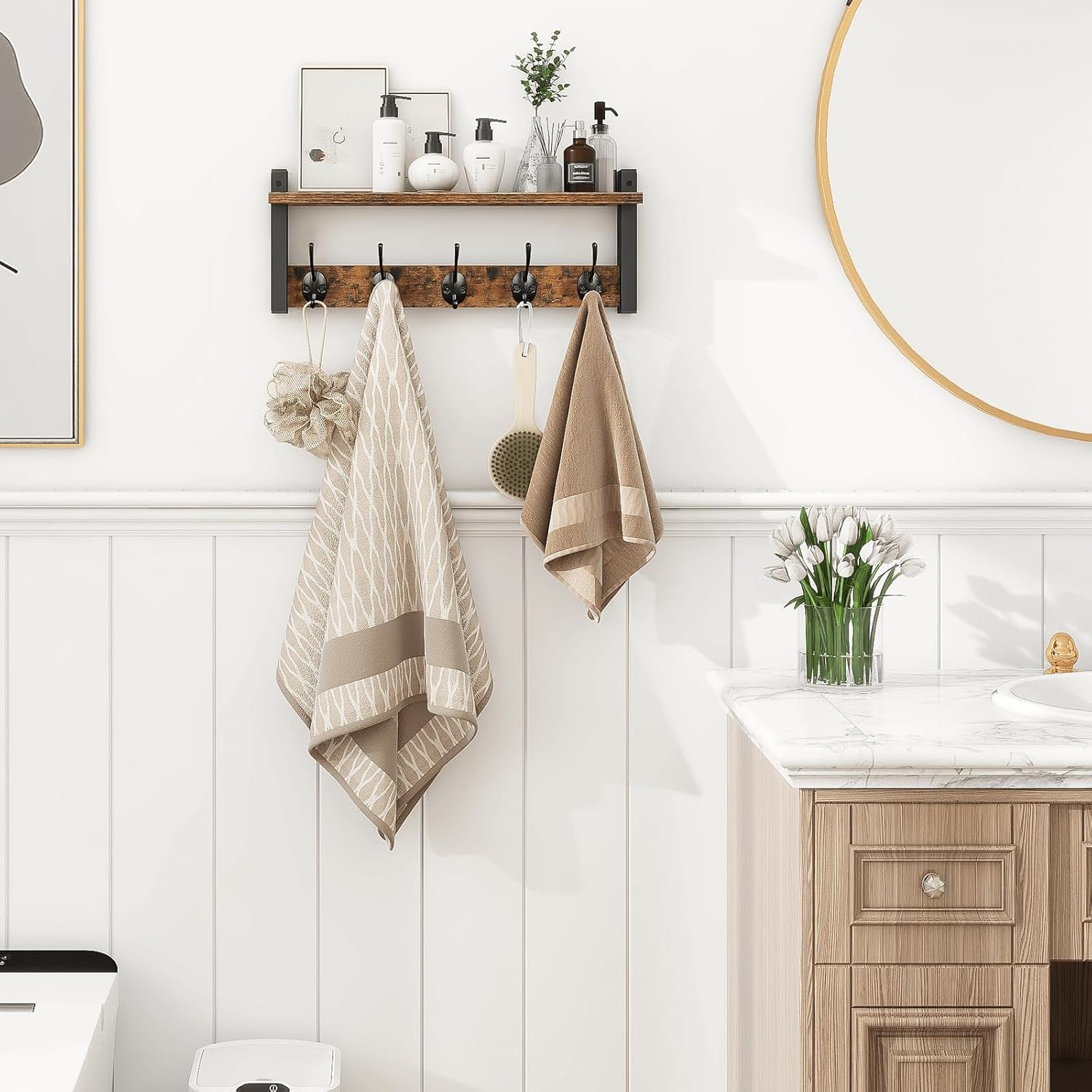 Homode Wall Hooks with Shelf. Wood Coat Rack with Shelf Wall-Mounted. Entryway Hanging Shelves with 5 Metal Hooks for Clothes Hats Towel Purse Robes. Bathroom Mudroom Bedroom. Rustic Brown Black - Image 3
