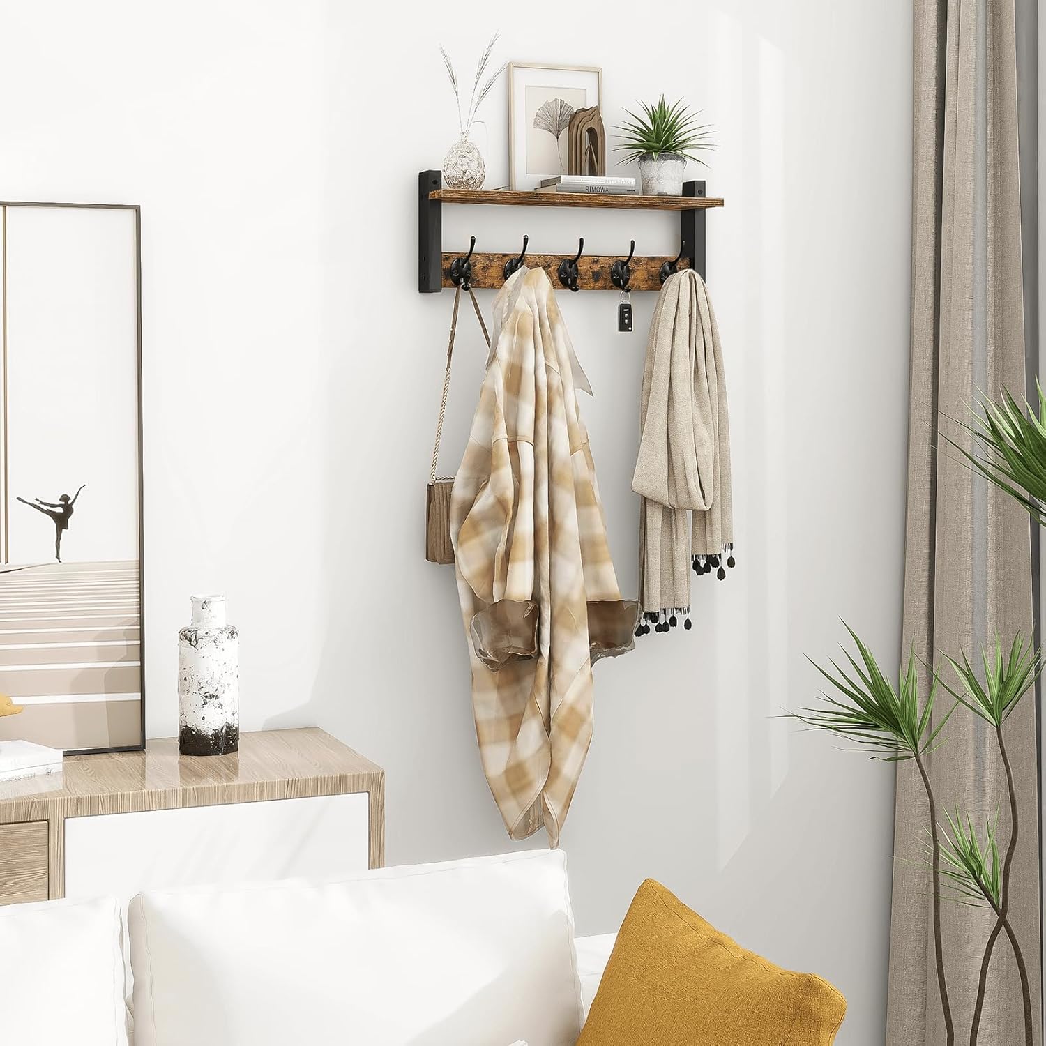 Homode Wall Hooks with Shelf. Wood Coat Rack with Shelf Wall-Mounted. Entryway Hanging Shelves with 5 Metal Hooks for Clothes Hats Towel Purse Robes. Bathroom Mudroom Bedroom. Rustic Brown Black - Image 7