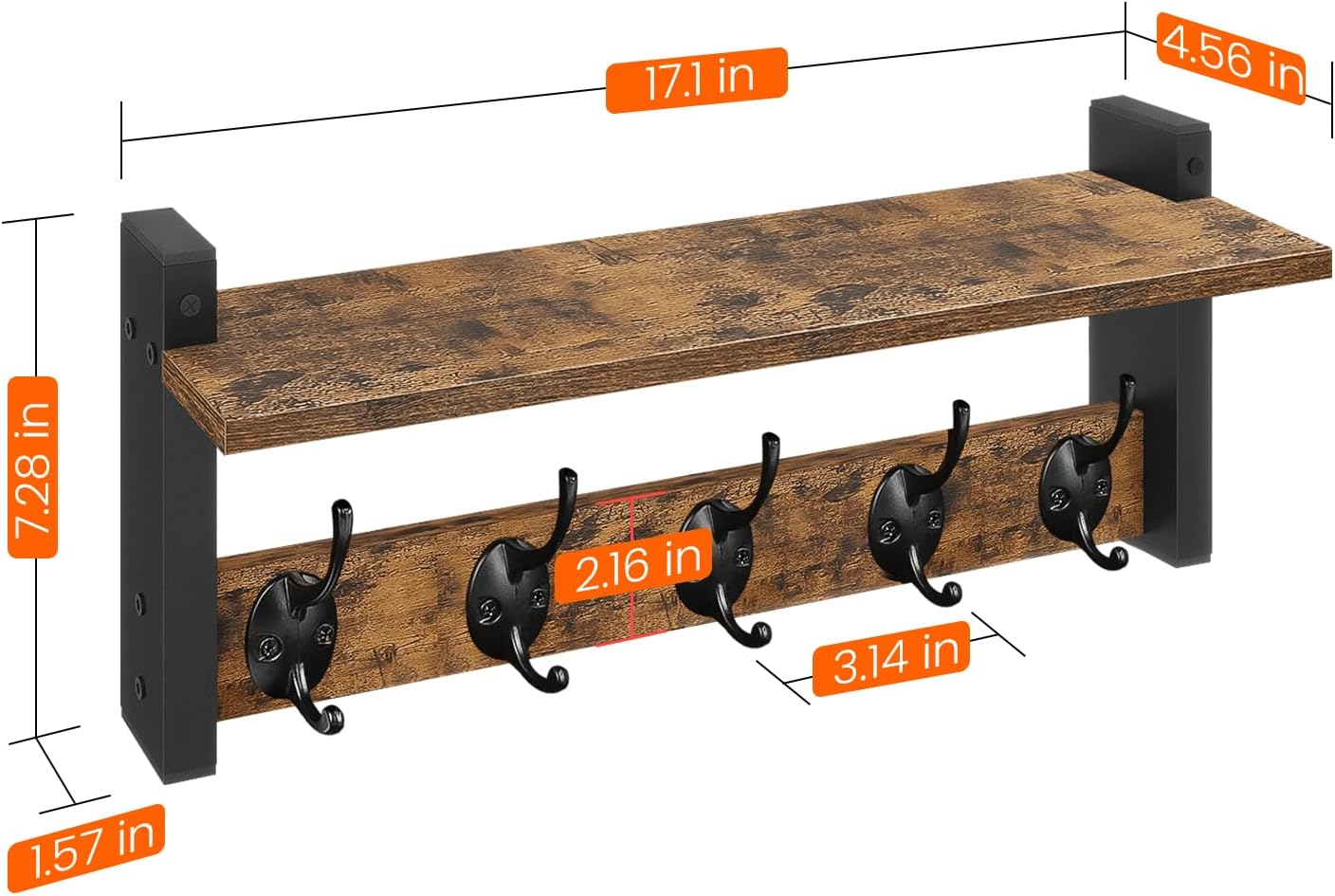 Homode Wall Hooks with Shelf. Wood Coat Rack with Shelf Wall-Mounted. Entryway Hanging Shelves with 5 Metal Hooks for Clothes Hats Towel Purse Robes. Bathroom Mudroom Bedroom. Rustic Brown Black - Image 8